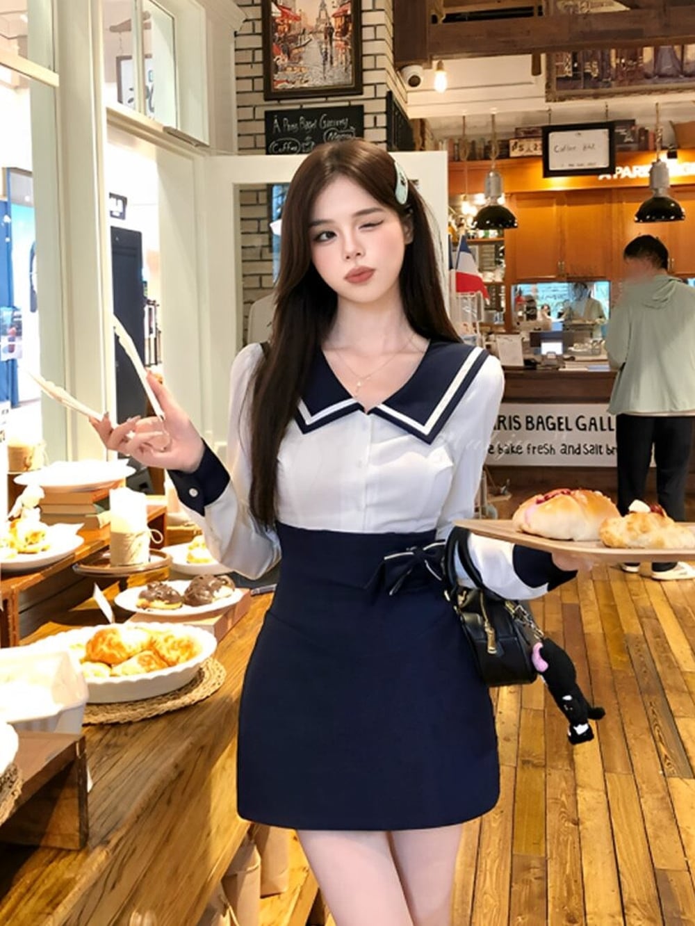 #miu系穿搭|ウエイトレスモチーフライントップス+ハイウエストスカートセットアップ|WAHJU