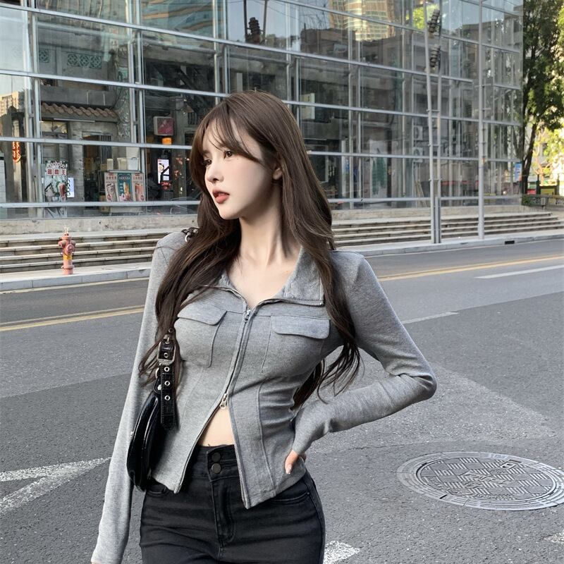 【新作】【送料無料】 グレー湯たんぽショート t シャツの女性のイントレンディな春 2023 新しいスタイルのジッパー気質スリムスリム長袖トップ 0219822968838