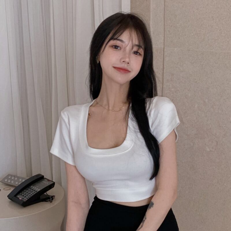 サマースタイルホワイトブラウス ショートハイウェストウェストクロップドTシャツ レディース コットン 夏物 YY-ファッション2224791549