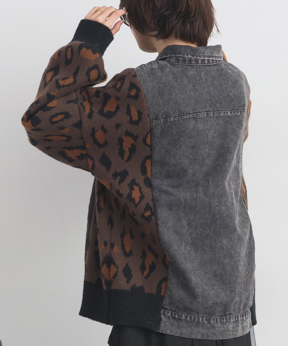 D261153 レオパードニット切替デニムジャケット / Leopard Knit Panel