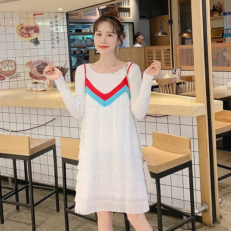 【新作】【送料無料】 マタニティウェア2019秋スタイルホワイト長袖+ミックスカラーキャミソールツーピースセット妊婦ドレス ロング オータム 秋物 AL expec378466949027