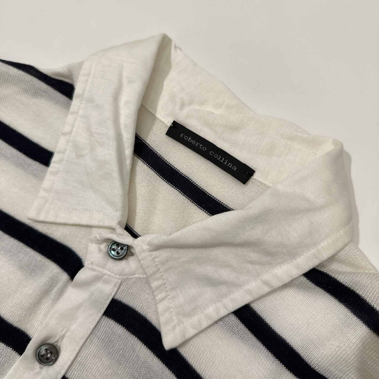 イタリア製 roberto collina ロベルトコリーナ ボーダー柄 ハイゲージ コットンニット 半袖 ポロシャツ サイズ 46 /ホワイト×ネイビー