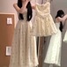 【2点セット】2種／シアーショートカーデ+刺繍フラワーレースヘムキャミワンピ ・78417