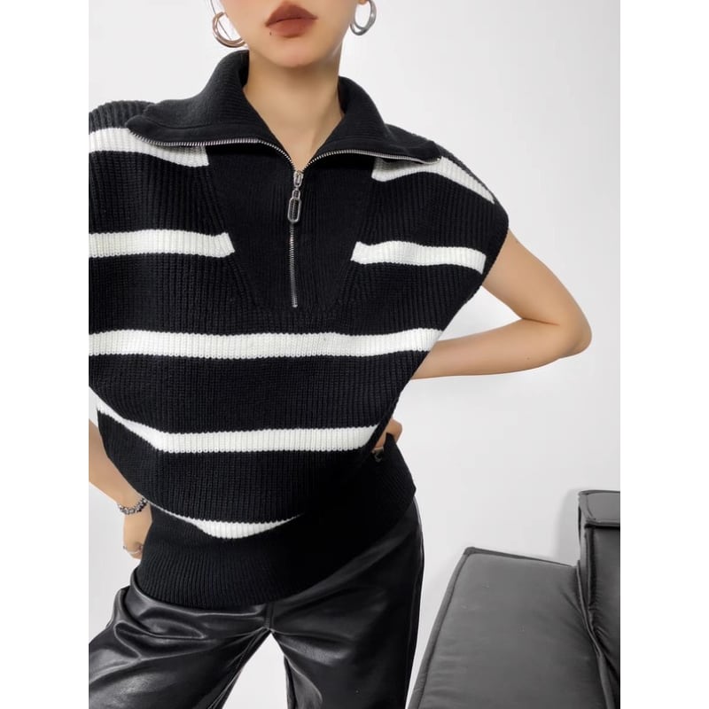 zip neck border knit vest la2430