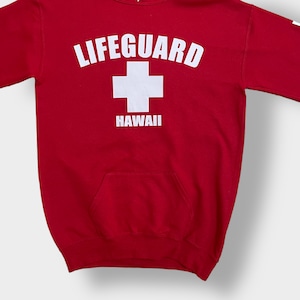 JERZEES パーカー LIFEGUARD ライフガード ロゴ プリント パーカー フーディー プルオーバー 袖プリント スウェット S相当 us古着