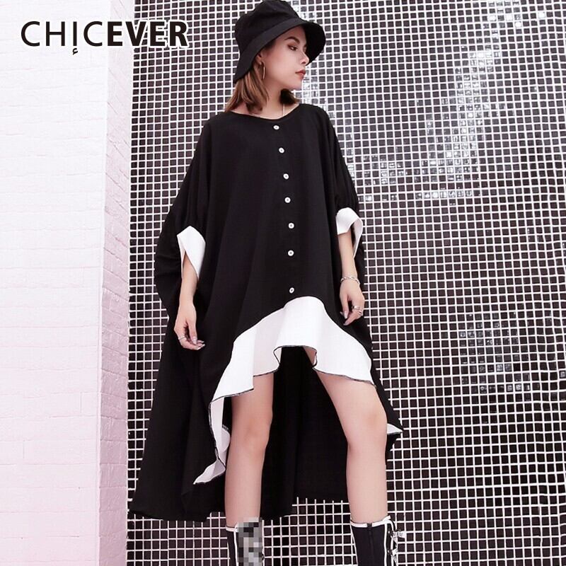 CHICEVERフリルブラックドレス女性バットウィングスリーブヒットカラーOネックルーズビッグサイズドレス服 ラッフル 6base541975653568