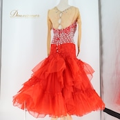 社交ダンス 衣装 スタンダードドレス ドレス ワンピース 赤 フリル レース デモ 競技 ダンス パーティ 発表会 豪華 華やか 真っ赤 上品 レッド系 フリルレース おしゃれ デザイン 競技用 衣装 女性用 パフォーマンス ステージ衣装 ステージパフォーマンス