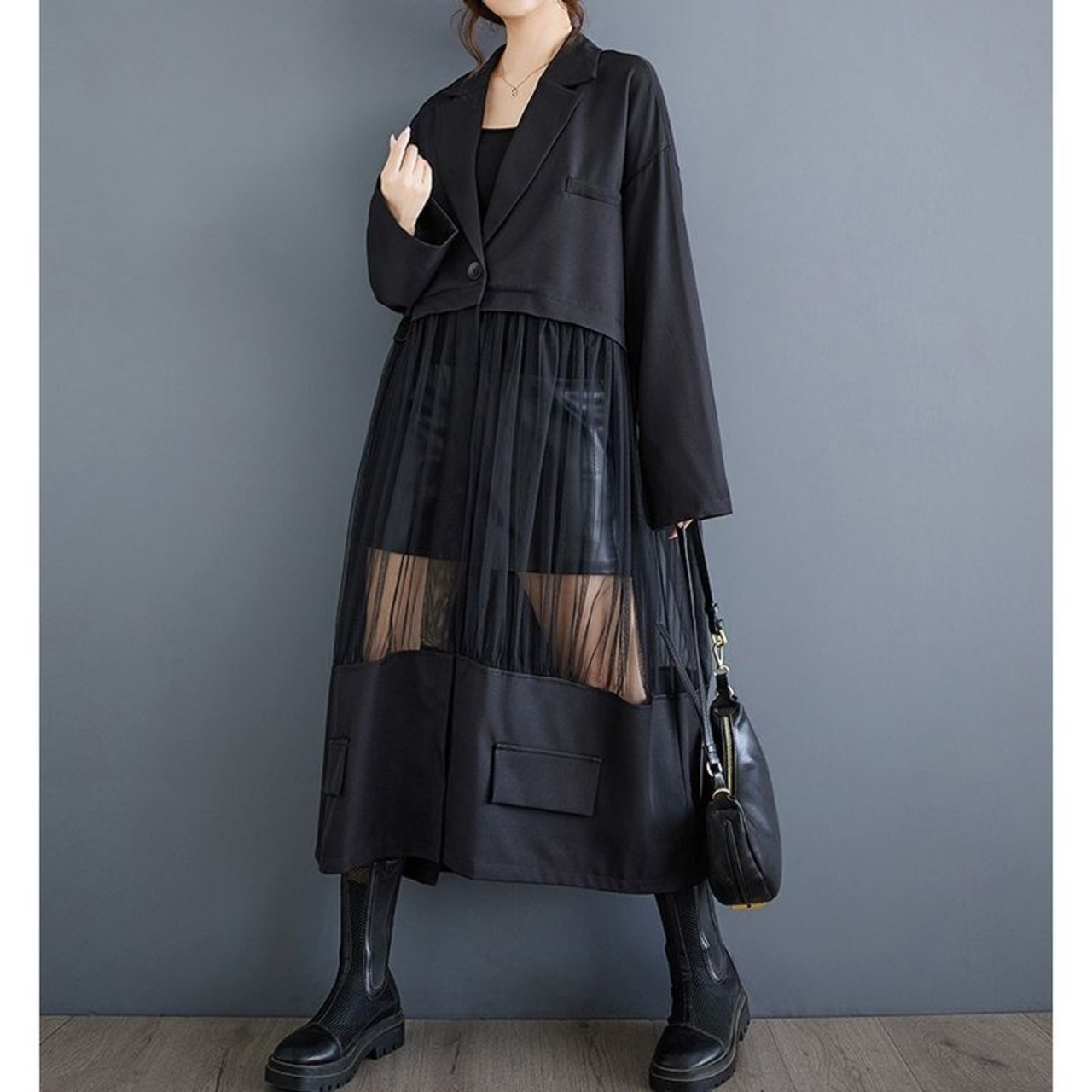 異素材切り替え 軽やか ロングジャケット 00207