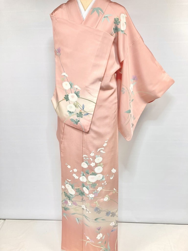 手描き友禅 四季の花々 訪問着 袷 正絹 サーモンピンク クリーム 白