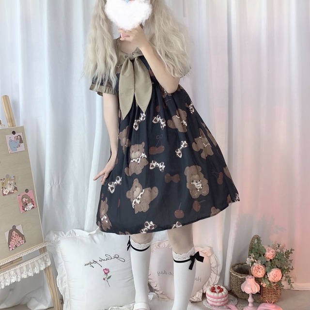 天使と悪魔 ワンピース 半袖 テディベア くまちゃん チェリー 柄 プリント スモークカラー くすみカラー ロリィタ ストリート系 かわいい 10代 代 天使と悪魔 サブカル系ファッション Seasonz