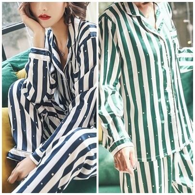 パジャマ ルームウェア レディース 春夏秋冬 前開きパジャマ 長袖セットアップ ファイクシルク ボーダー ルームウェア 女性 可愛い 部屋着 代 30代 40代 レディースファッション Kir 30