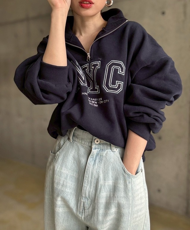 ハーフジップロゴ刺繍スウェットプルオーバー【ネイビー】