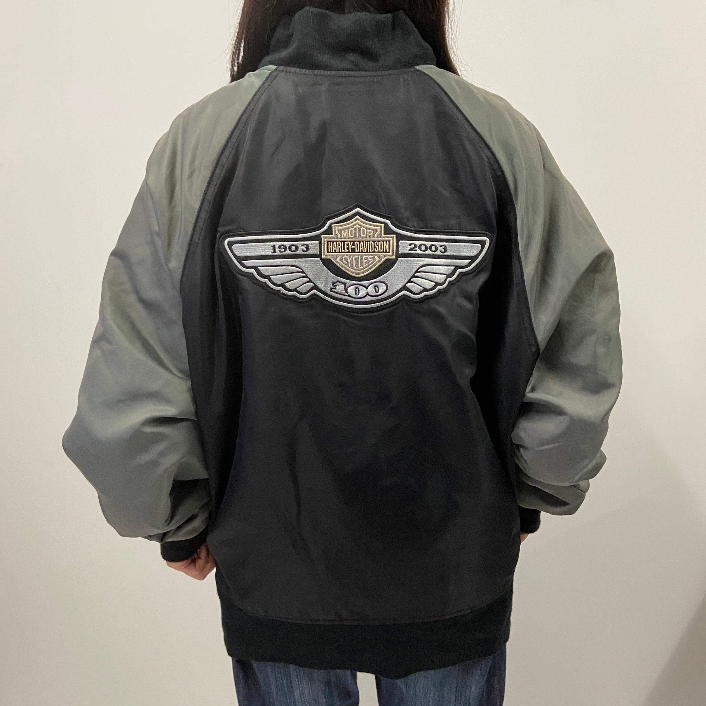Harley-Davidson USA製 ナイロンジャケット S 黒/グレー USA製 00年代 ハーレーダビッドソン 100周年記念 ナイロンブルゾン