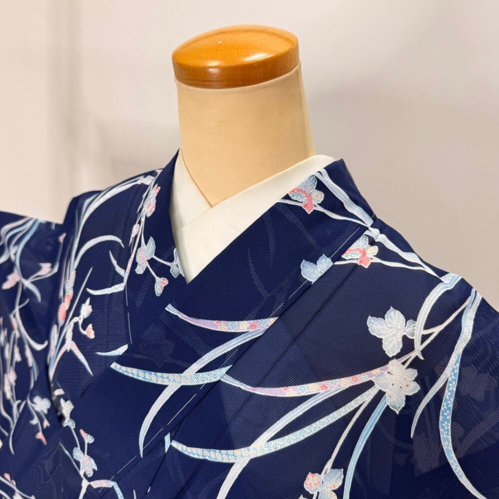 小紋 夏 絽 夏用 洗える着物 裄64.8cm 身丈157cm 花柄 お洒落着 普段着 ポリエステル 青 美品 M サイズ 6138