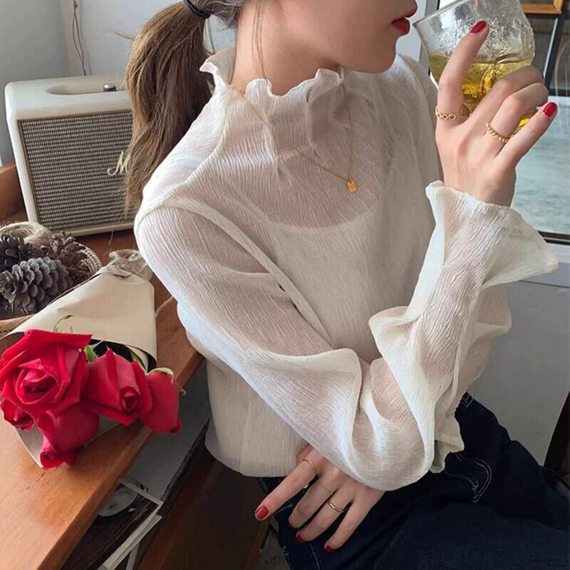 See-through flare high neck shirt