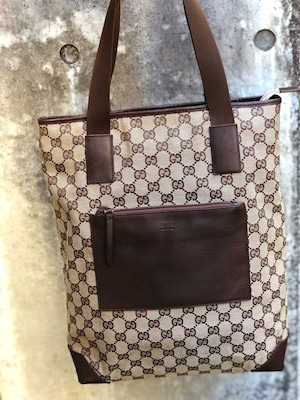 GUCCI グッチ　GGキャンバス　レザー×キャンバス　トートバッグ　ベージュ×ブラウン　vintage　ヴィンテージ　オールド　8va84t