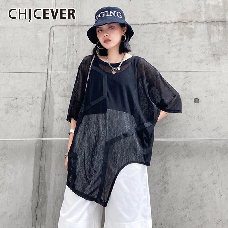 CHICEVERパースペクティブTシャツ女性Oネック半袖ルーズ非対称プルオーバートップス2020年夏服 ショート ハーフスリーブ サマー 夏物 6base599167129764