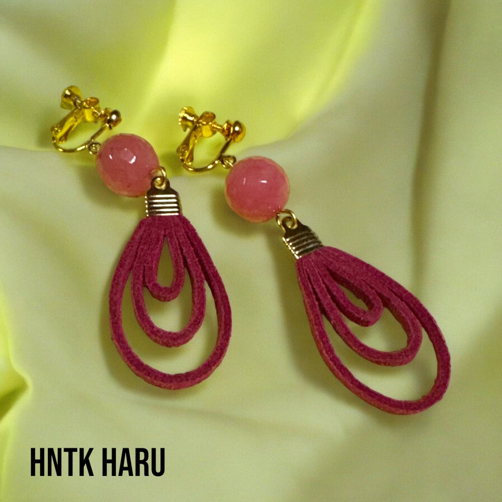 HNTK ピンクジェイド＆革紐ループ イヤリングピアス選択 P0375 | hntkharu