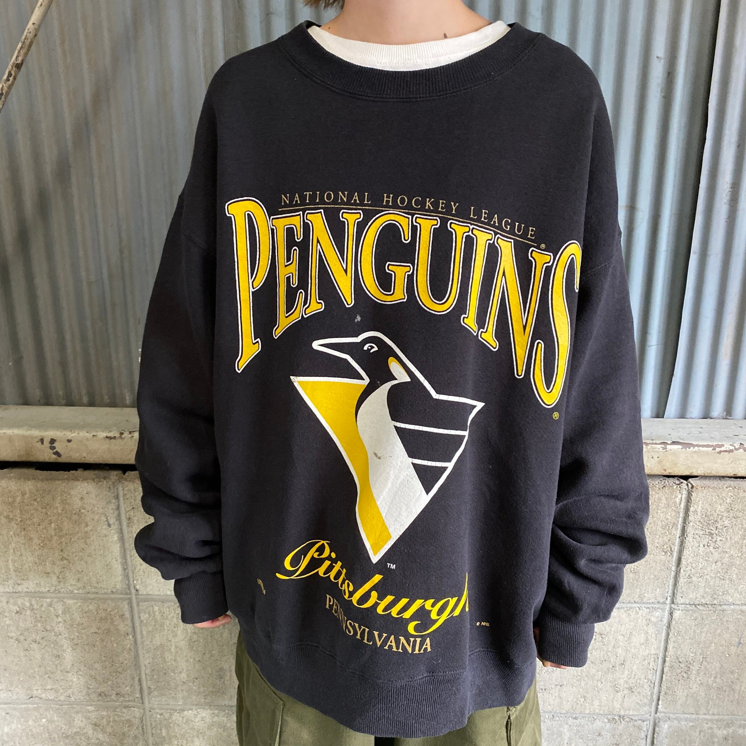 90s NHL ペンギンズ ホッケー 刺繍ロゴスウェット ブラック XL 古着-