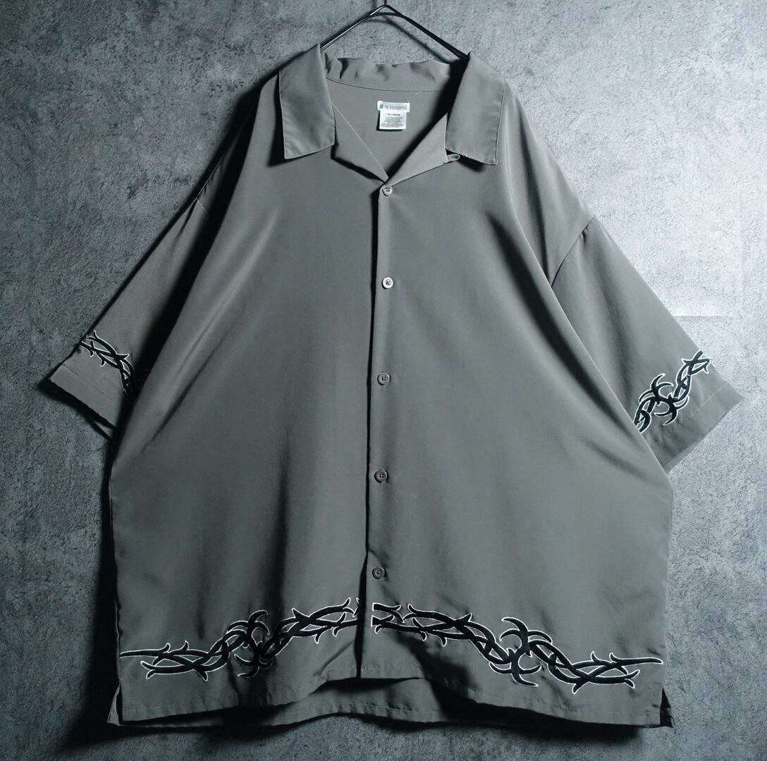 Khaki Tribal motif embroidery open collar shirt