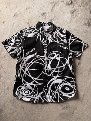 00～10s STUSSY × FUTURA/Atomic print S/S Shirt/M/アトミック柄半袖シャツ/総柄/ロゴプリント/ブラック/フューチュラコラボ/ステュ－シ－