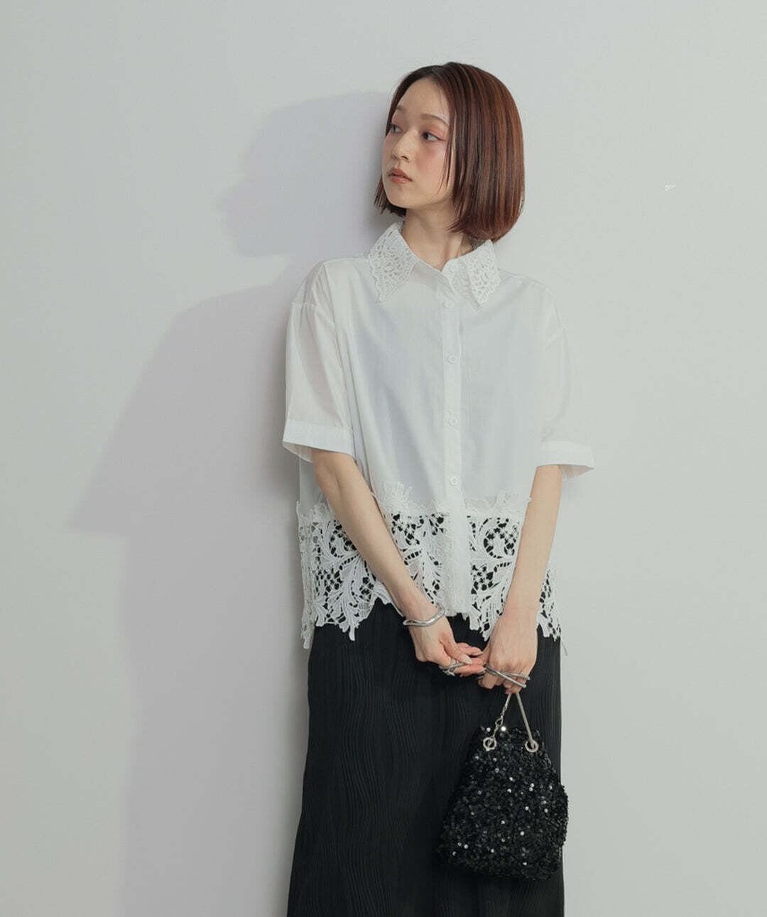 2603033 レースドッキングストライプシャツ white | エルキカク
