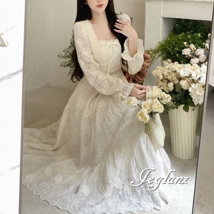 ティアード ワンピース ドレス スカラップ レーシー 透け感 クラシカル(M7600)ζ