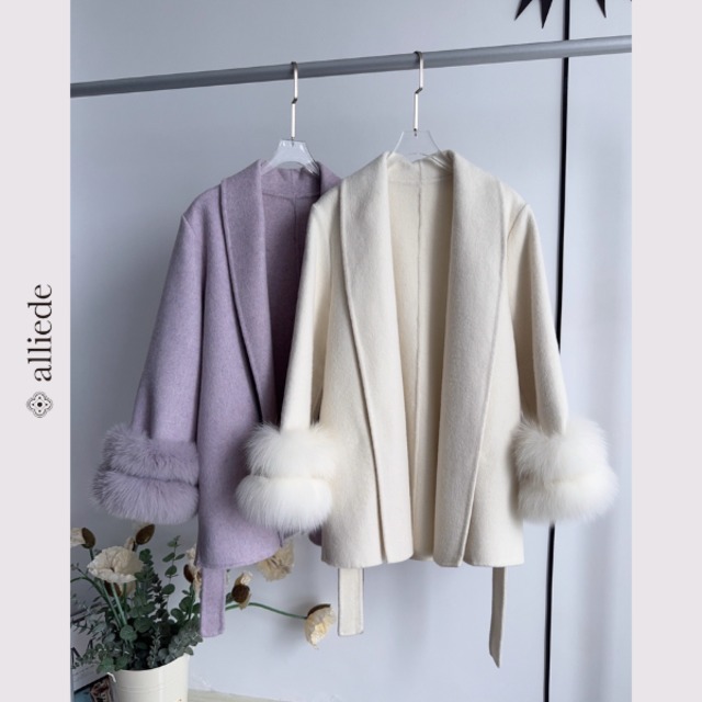 フォックスファーカフ ウールショートコート　A3362