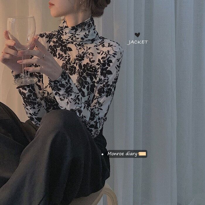 スタイルフローラルシャツ レディースオータムウィンターTシャツ ショートトップス ロング 秋物 冬物 花柄 モンロー35709552934