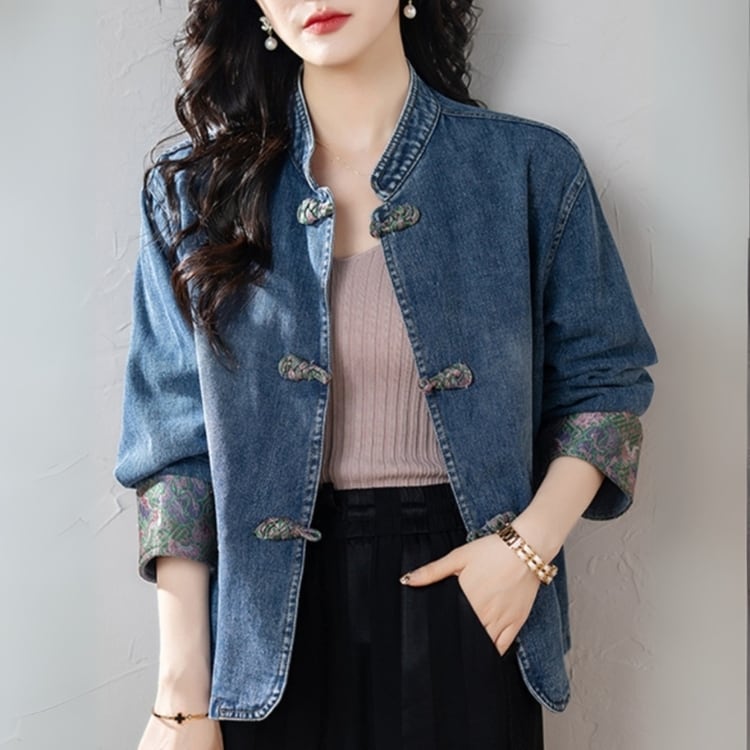 チャイナボタンデニムジャケット　花柄デザイン袖　YS00005
