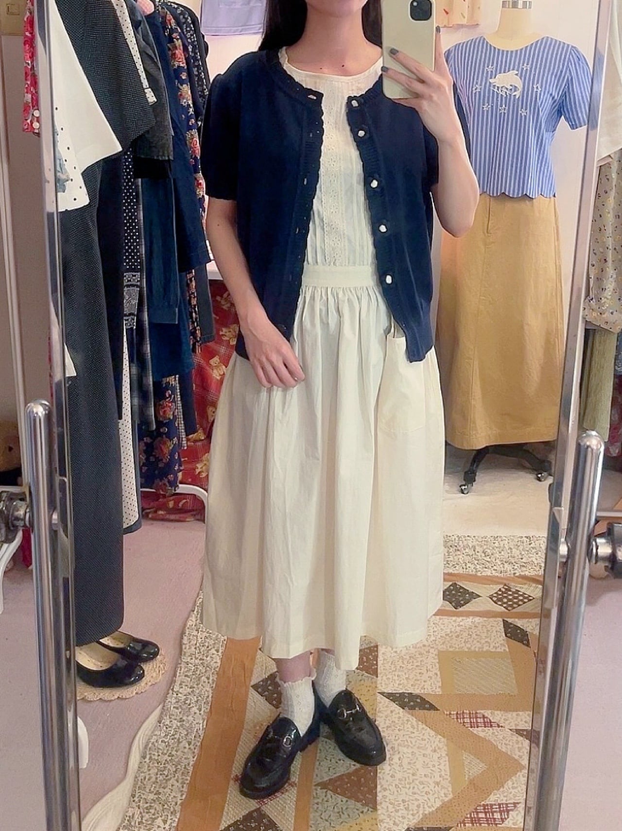 flower button navy knit cardigan