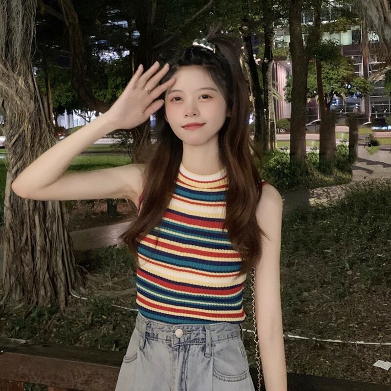 ストライプニットサマーノースリーブトップス ドレス 夏物 試着室96872577452