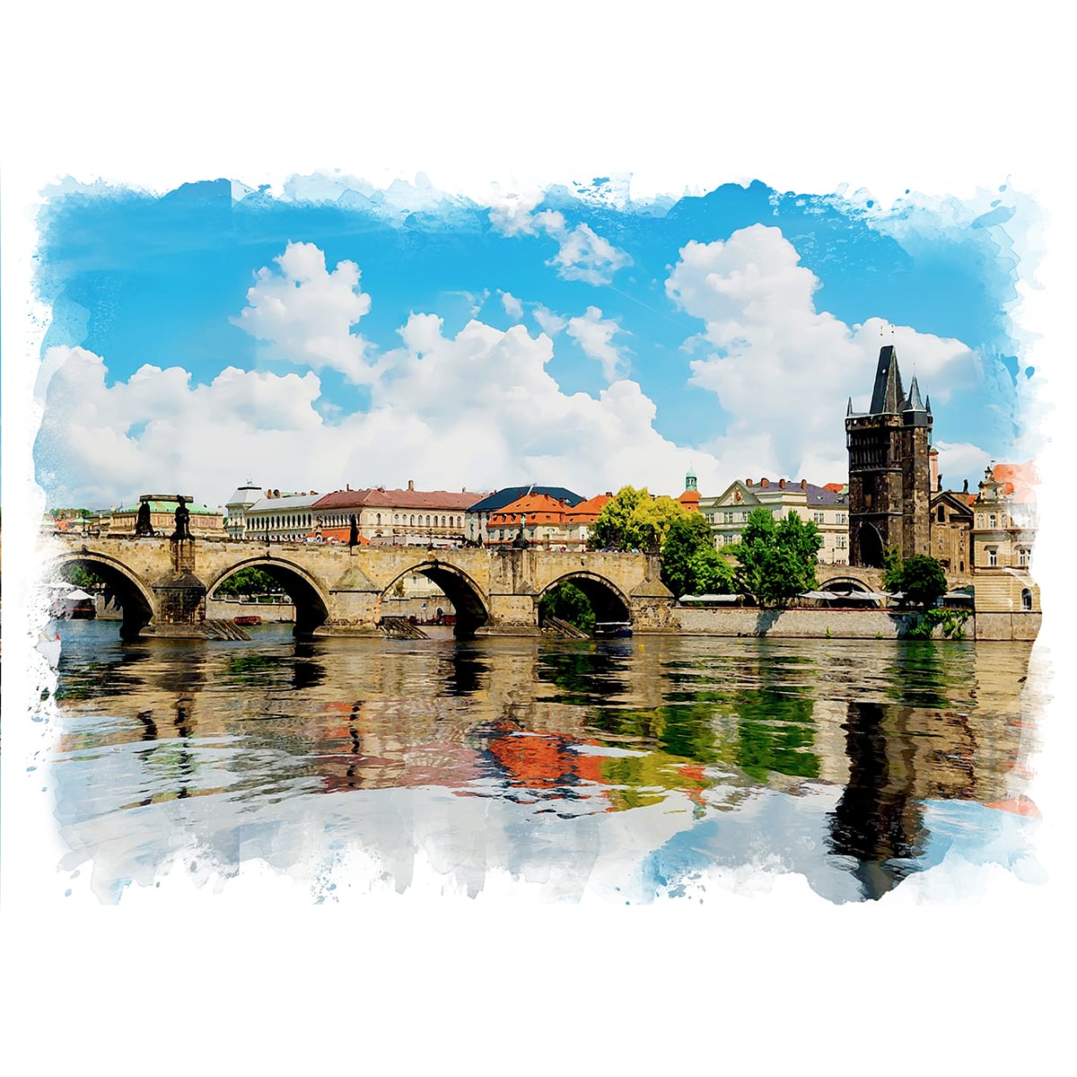 絵画 風景画(街並み) チェコ プラハ カレル橋 インテリアアート額付き 