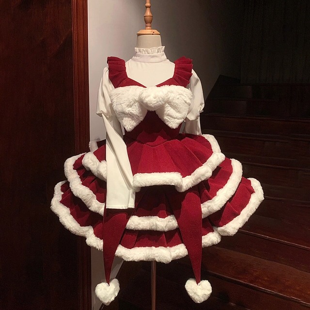 クリスマス 超可愛い Lolita  ふわふわ リボン ロリータ レッド jsk ワンピース122219607