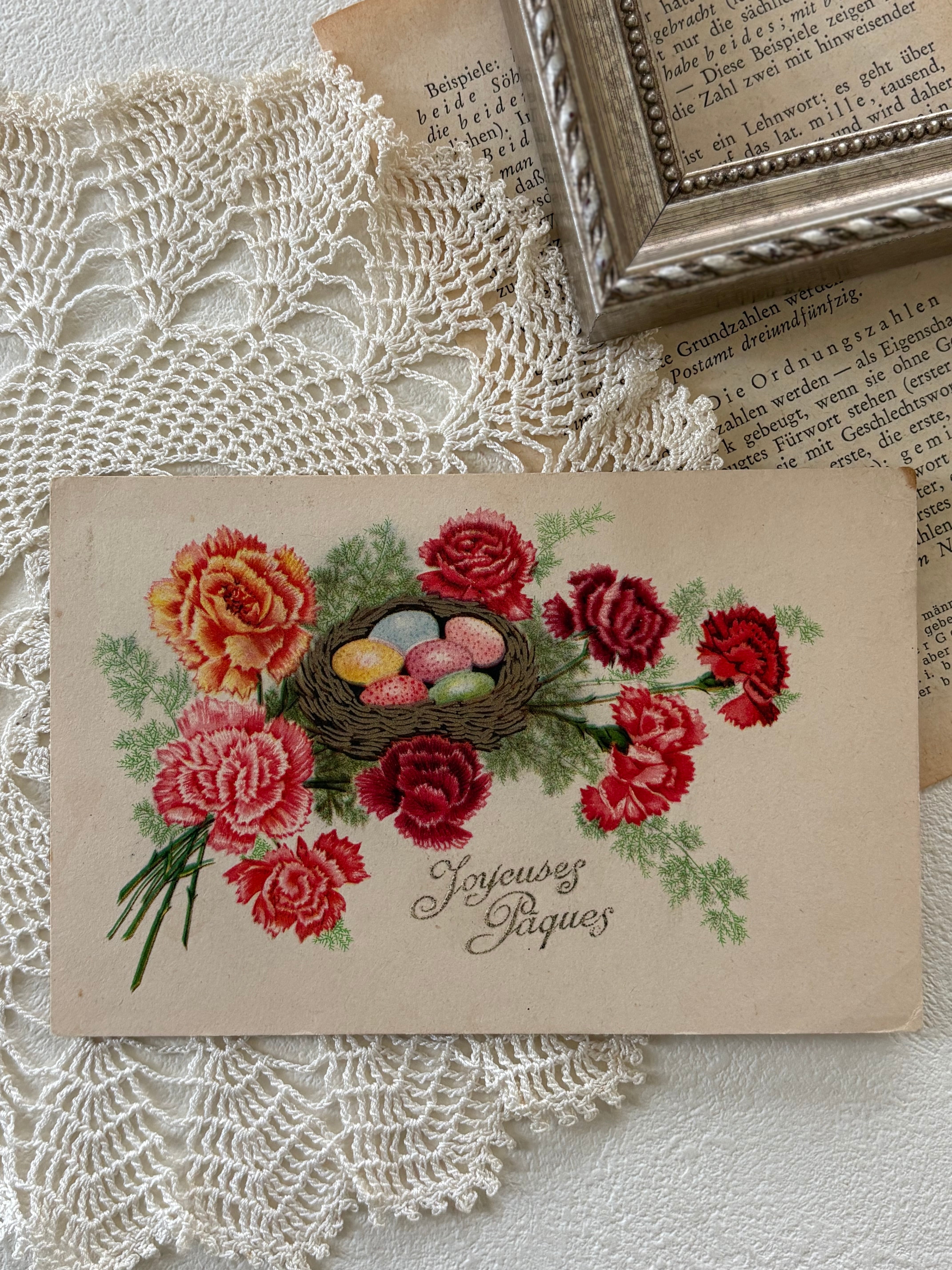 ヴィンテージポストカード フランス イースター カーネーション 鳥の巣 1957年 額装 インテリア小物 コレクション