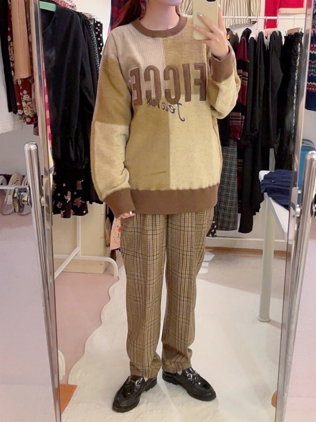 beige check wool tuck pants