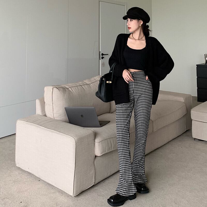 ルーズVネック長袖スリーブセーター ジャケット スタイルスタンダードウェスト格子柄パンツ ロング レッド レトロ オータム 秋物 ウィンター 冬物 ガールズファッション7905709950