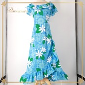 フラダンス 衣装 ワンピース ドレス ブルー系 マカマカ ティアレ柄 ハワイアンプリント MakaMaka アロハ フラ ダンス レッスン 練習 グリーン系 ホワイト系 水色 緑 白 華やか 鮮やか さわやか かわいい おしゃれ 上品 フラダンス衣装 ハワイアンドレス リゾート フラレッスン アロハシャツ オシャレ フラダンスイベント