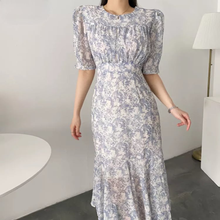 トワルドジュイエレガントフローラルシフォンパフスリーブドレスop250601