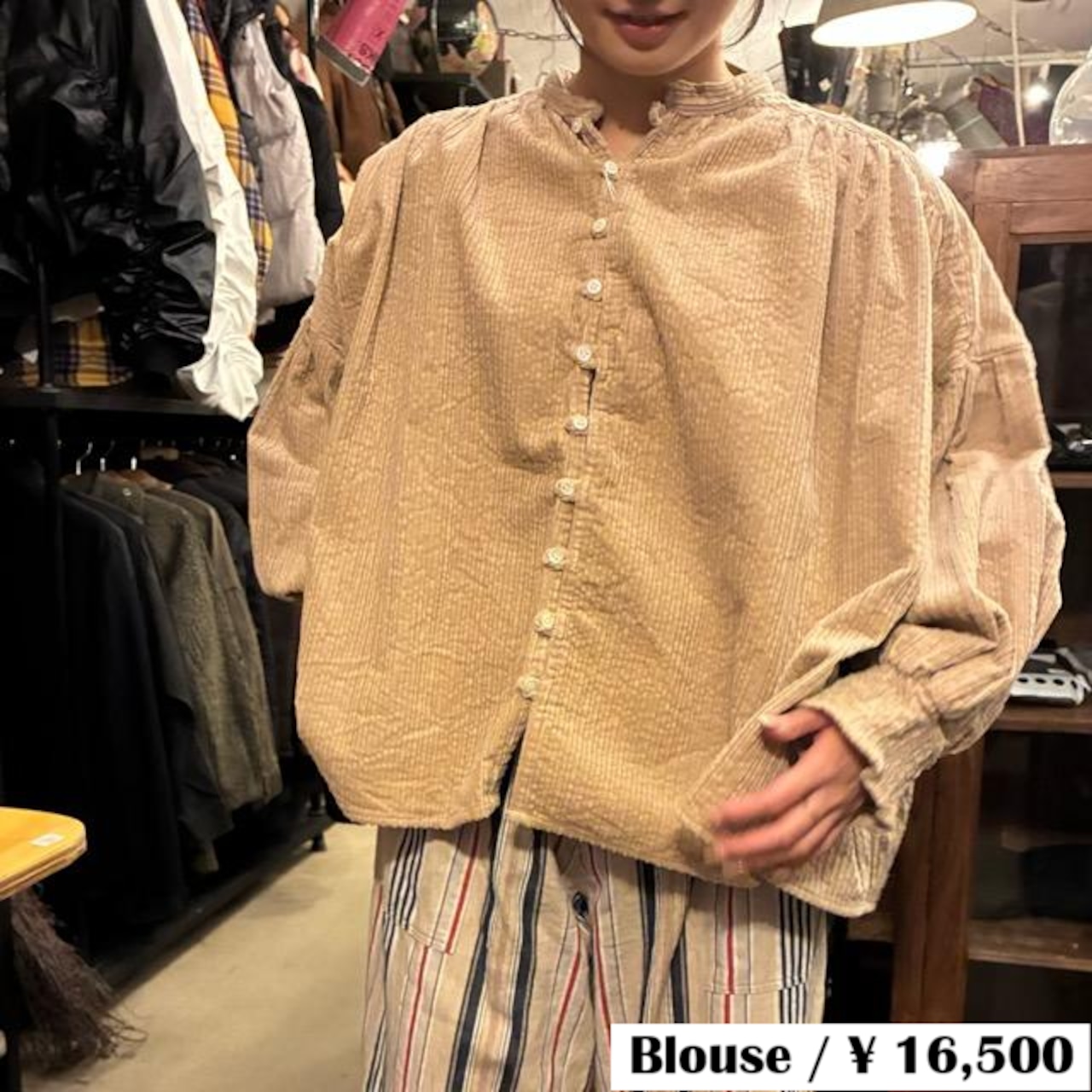UNIVERSAL TISSU Parent-Child Corduroy Shirred Blouse, Beige/Brown, Long Sleeve Blouse, Balloon Sleeves, Oversized