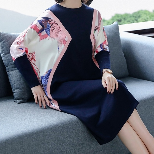 ワンピース レディース 春夏 秋冬 春 夏 秋 冬 ニットワンピース 長袖 スカーフ ドルマンスリーブ 切り替え 切替 ドルマンワンピ スカーフ風 切替 ゆったり ワンピース 韓国 体型カバー プリント柄 オフィス カジュアル ネイビー きれいめ Ol 上品 大人 10代 代 30代