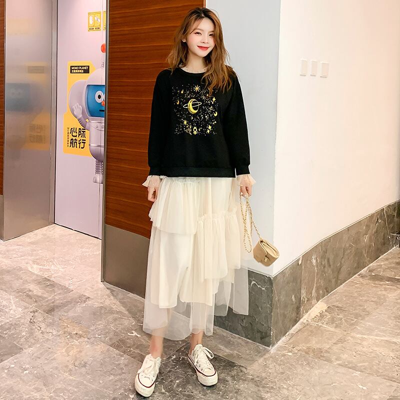 【新作】【送料無料】 マタニティウェア2020秋と冬の新しいセータープリント産後の授乳トップ+メッシュスカート母乳育児ツーピースセット-アリババ オータム 秋物 ウィンター 冬物 expec29116867220