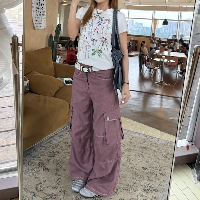 コントラストステッチワイドシルエットカーゴパンツ 2col R02455