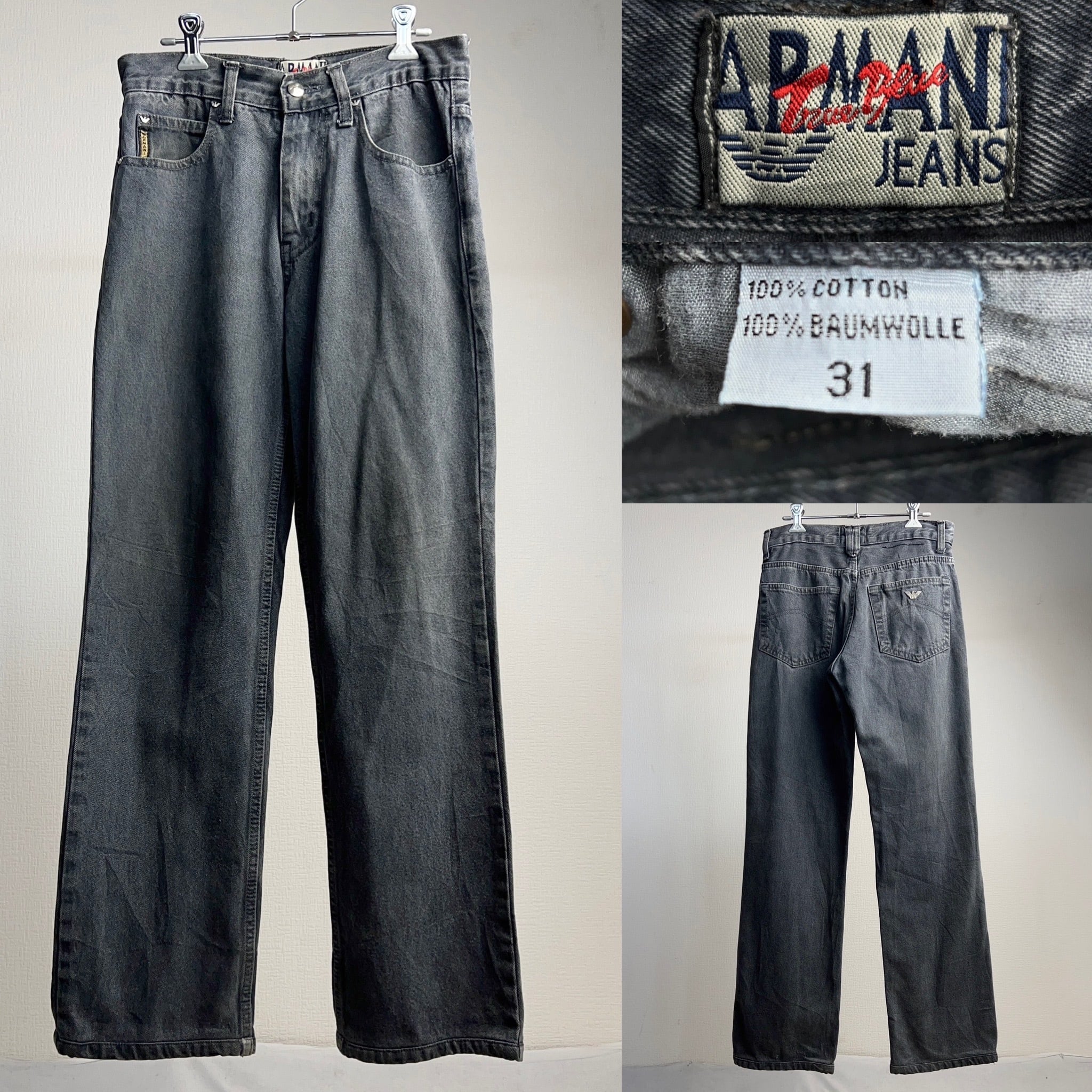 90's~ “ARMANI JEANS” Black Denim Pants アルマーニ ジーンズ ブラックデニムパンツ W29.5【0908A104】