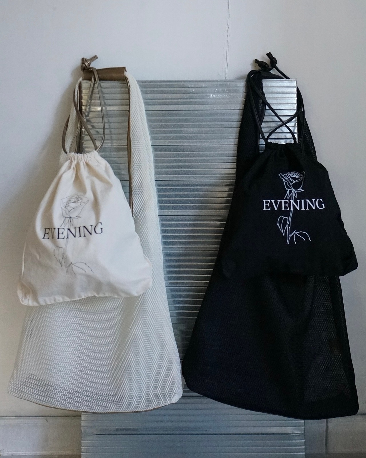 [Rose] mesh×leather triangle 3way  tote 巾着バッグ・メッシュショルダーバッグセット/White