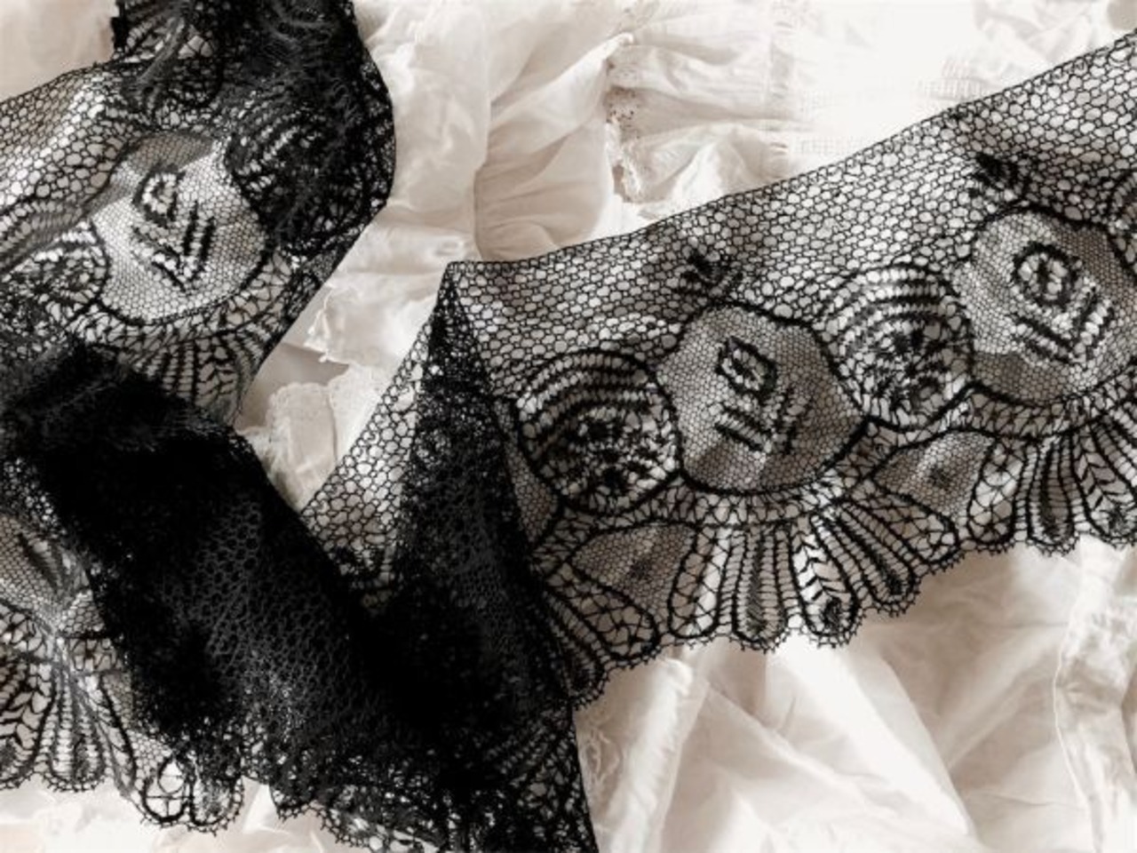 19世紀 France 200x23c 闇夜の花々 絹 ブラックピュイレース