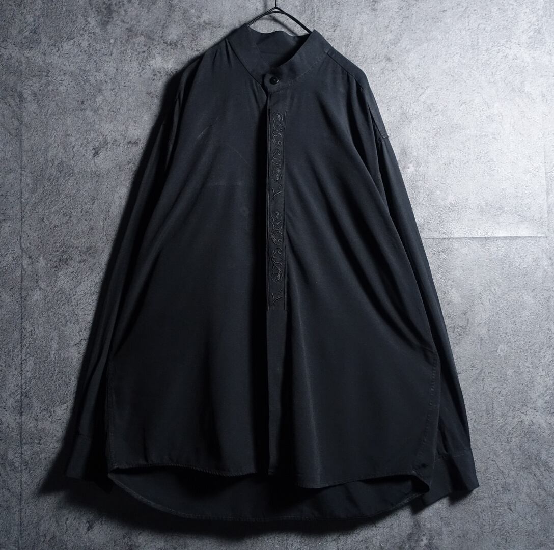 Black Ornament Motif Embroidered Design Band Collar Shirt