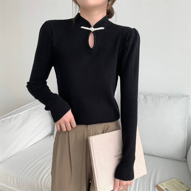 【壹號シリーズ】★チャイナ風トップス★ ニットトップス 3color 中華服 着痩せ 合わせやすい ブラック ホワイト ベージュ