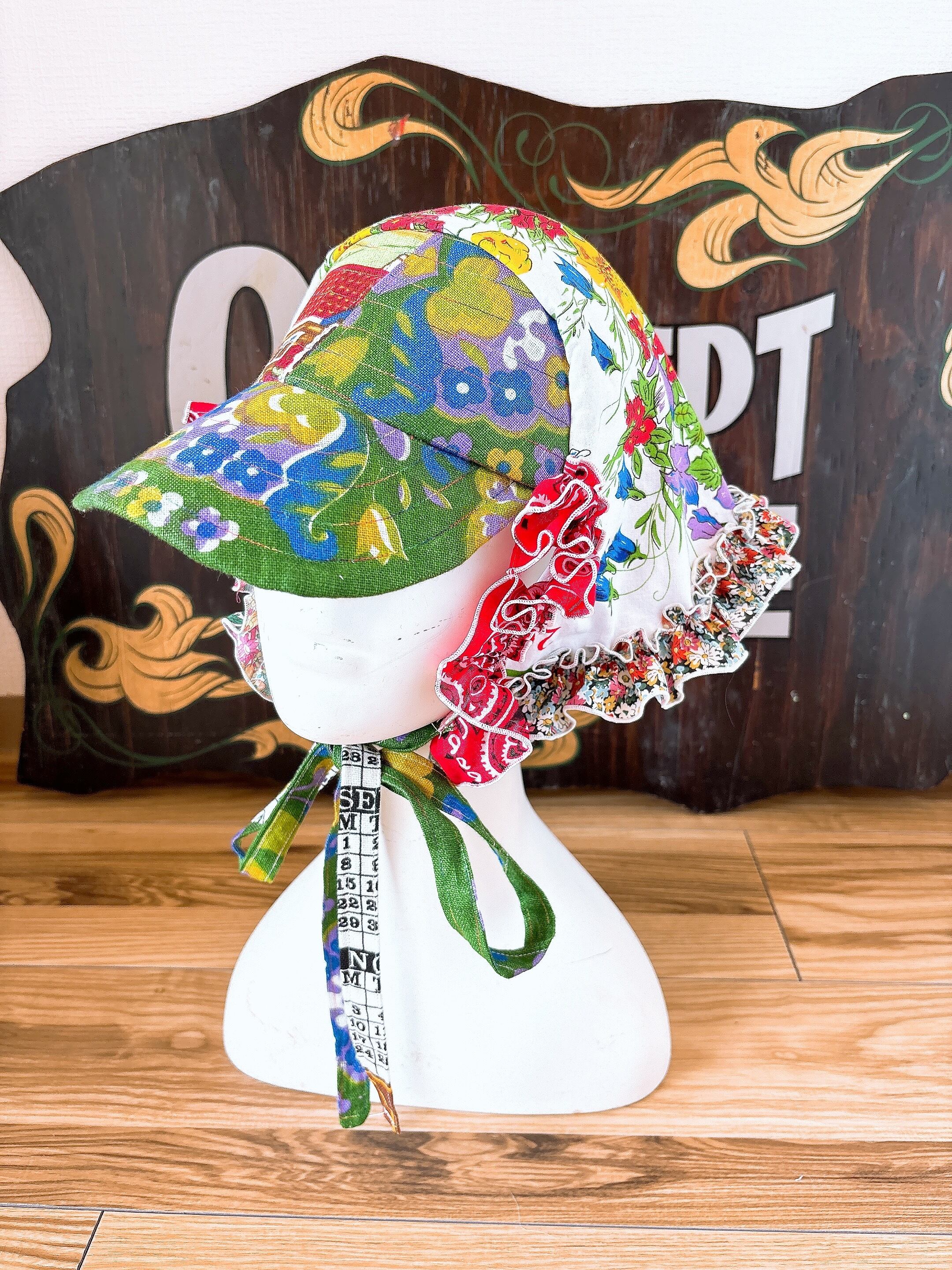 2wy babushka cap フラワー、グリーンレトロ柄
