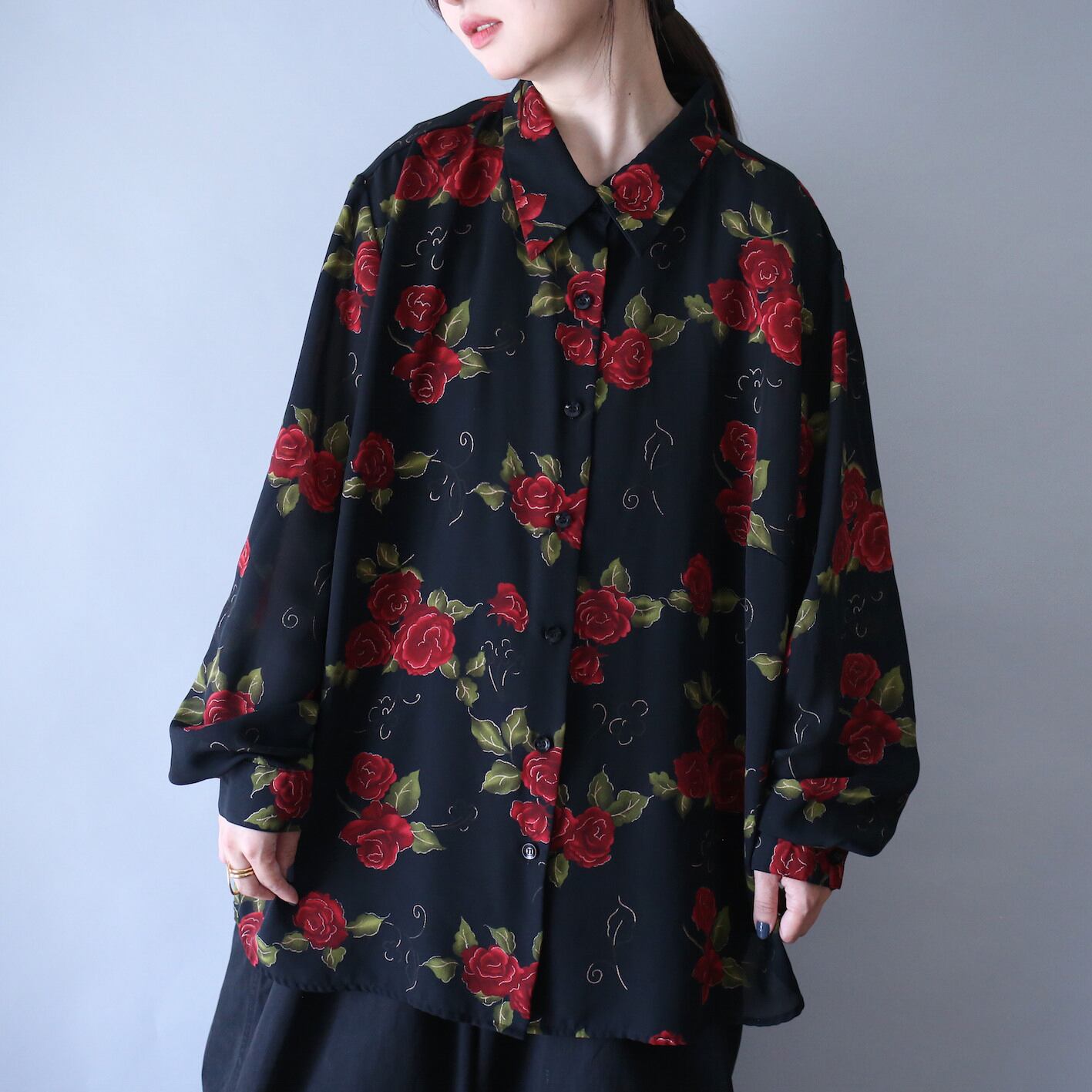 black base beautiful flower art pattern over silhouette see-through shirt